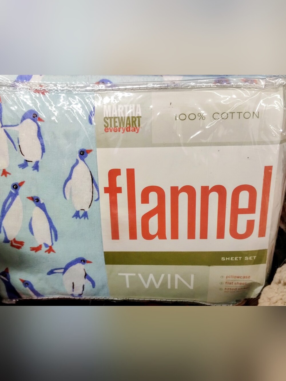 Martha Stewart Blue penguins flannel twin sheets 100 % cotton NWT